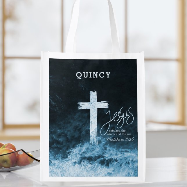 Cross on Water Dark Blue Scripture Personalized Grocery Bag (Creator Uploaded)