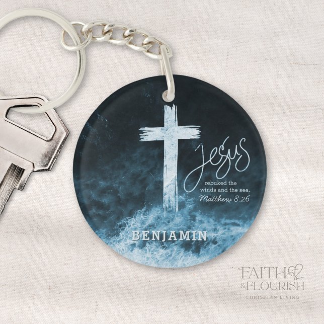 Cross on Water Dark Blue Scripture Personalized Keychain (Creator Uploaded)