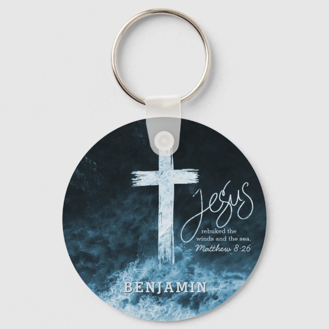 Cross on Water Scripture Dark Blue Personalized Keychain (Front)