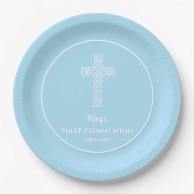 Cross Pale Blue Communion Baptism Christening Paper Plates (Front)