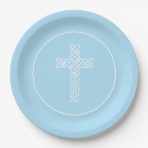 Cross Pale Blue Communion Baptism Christening Paper Plates