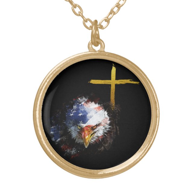 *~* Cross Patriot USA Flag Christian Eagle AP16 Gold Plated Necklace (Front)