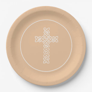 Cross Peach Communion Baptism Christening Paper Plates