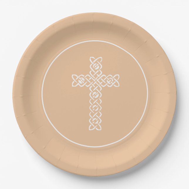 Cross | Peach Communion Baptism Christening Paper Plates (Front)