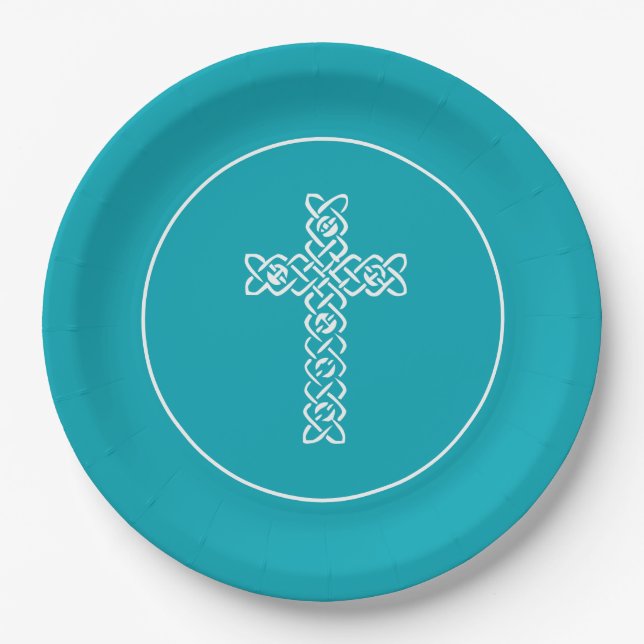Cross Peacock Blue Communion Baptism Christen Paper Plates (Front)
