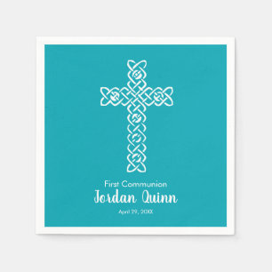 Cross Peacock Blue Communion Baptism Christening Napkins