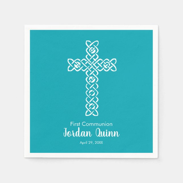 Cross | Peacock Blue Communion Baptism Christening Napkins (Front)