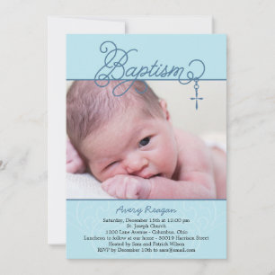 Cross Pendant Photo Baptism Invitation - Blue