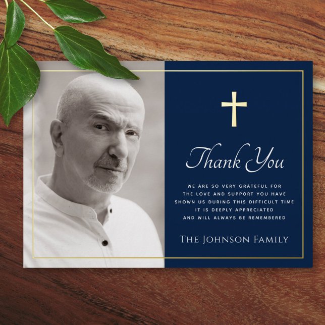 Cross photo dark blue foil sympathy thank you card (Creator Uploaded)