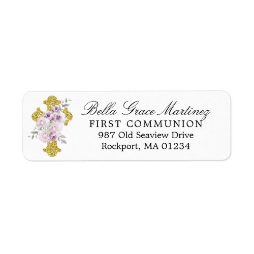 Cross Pink Floral First Communion Return Address Label