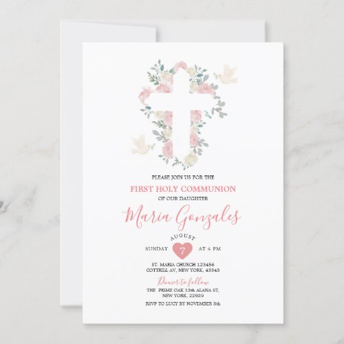 Cross Pink Flowers Girl First Holy Communion Invitation