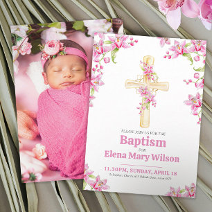 Cross pink orchid floral baptism invitation