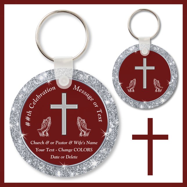 Cross Praying Hands Church Anniversary Souvenirs Keychain (Church anniversary Ideas. Burgundy and Silver, Church party favors. Cheap church keychains. Cross)
