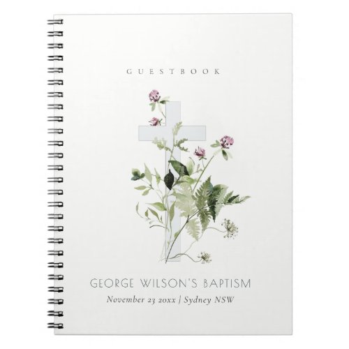 Cross Purple Wildflower Floral Baptism Guestbook Notebook