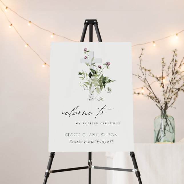 Cross Purple Wildflower Floral Baptism Welcome Foam Board (In Situ (Stand))