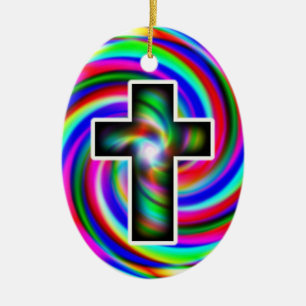 Cross rainbow spiral ceramic ornament