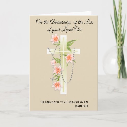 Cross Rosary Flower Anniversary of Death Loved One Card