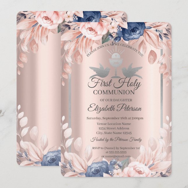 Cross Rose Gold Flowers First Holy Communion   Invitation (Front/Back)