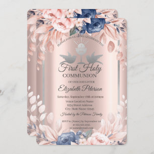 Cross Rose Gold Flowers First Holy Communion Invitation