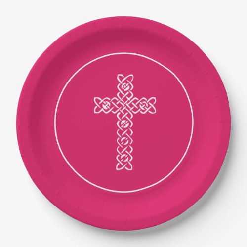 Cross Ruby Pink Communion Baptism Christening Paper Plates