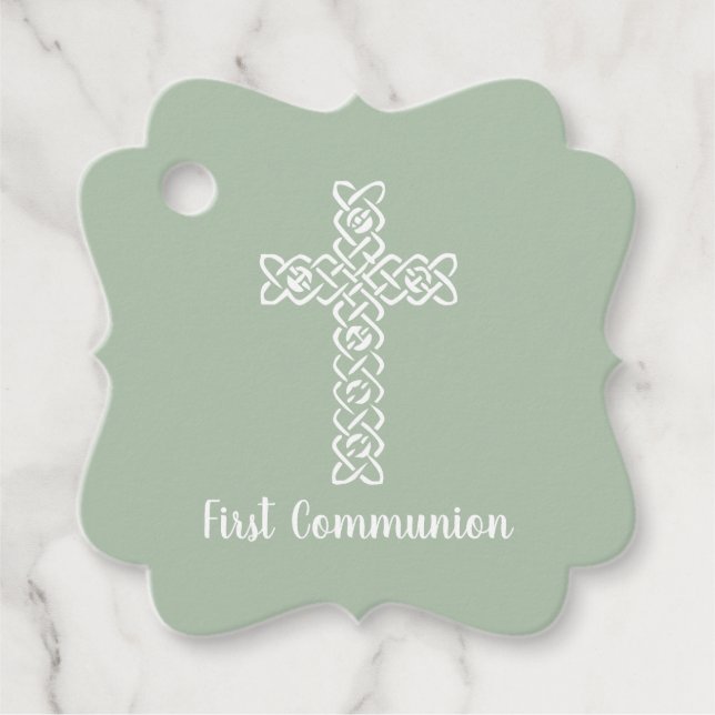 Cross | Sage Green Communion Baptism Christening Favor Tags (Front)
