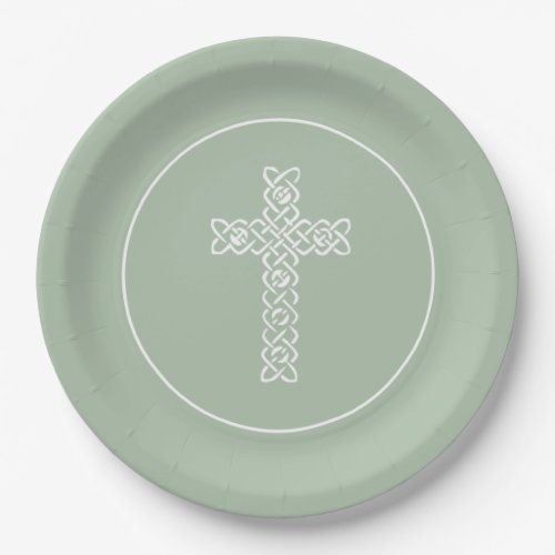 Cross Sage Green Communion Baptism Christening Paper Plates