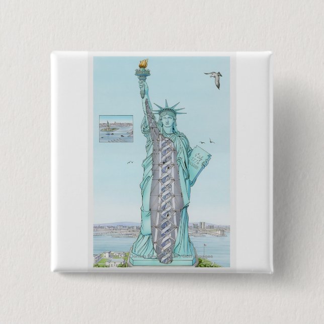 Cross section illustration of Statue of Liberty Pinback Button (Front)