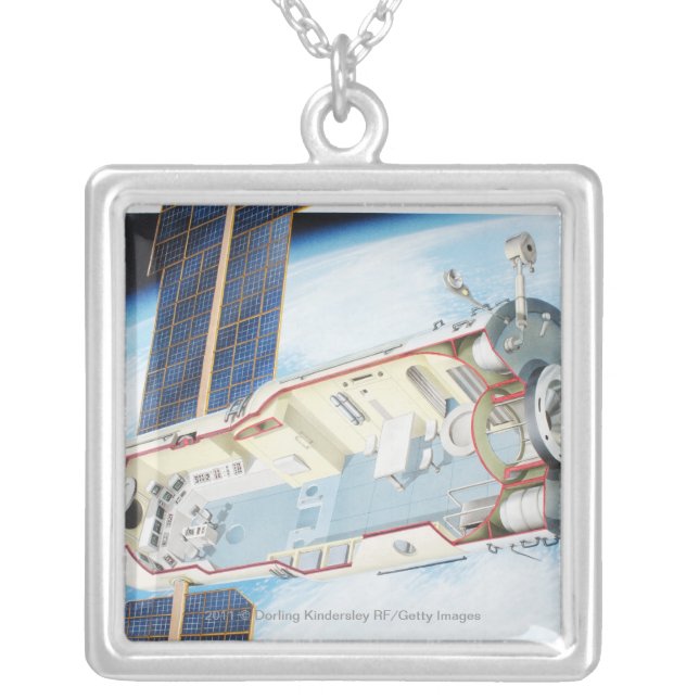 Cross section of solar powered space station silver plated necklace (Front)