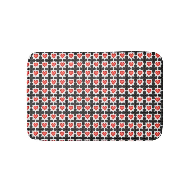 Cross Shaped Checkered Pattern with Red Hearts Bath Mat (Front)