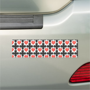 Cross Shaped Checkered Pattern with Red Hearts Car Magnet