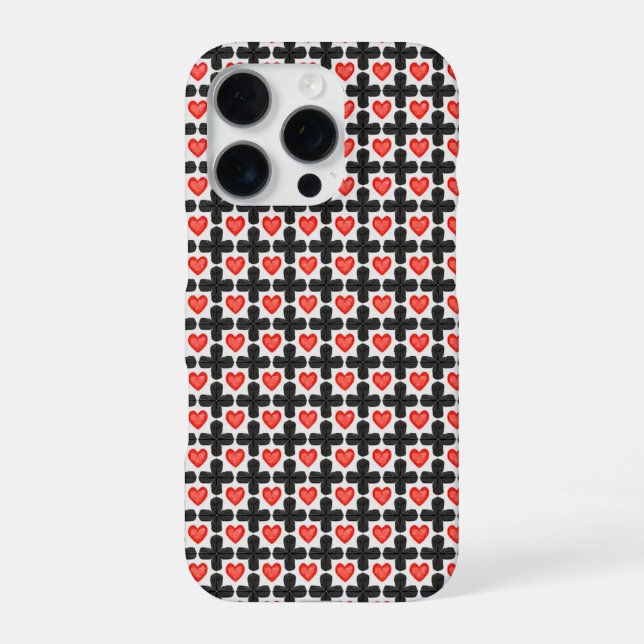 Cross Shaped Checkered Pattern with Red Hearts Iphone Case (Back)