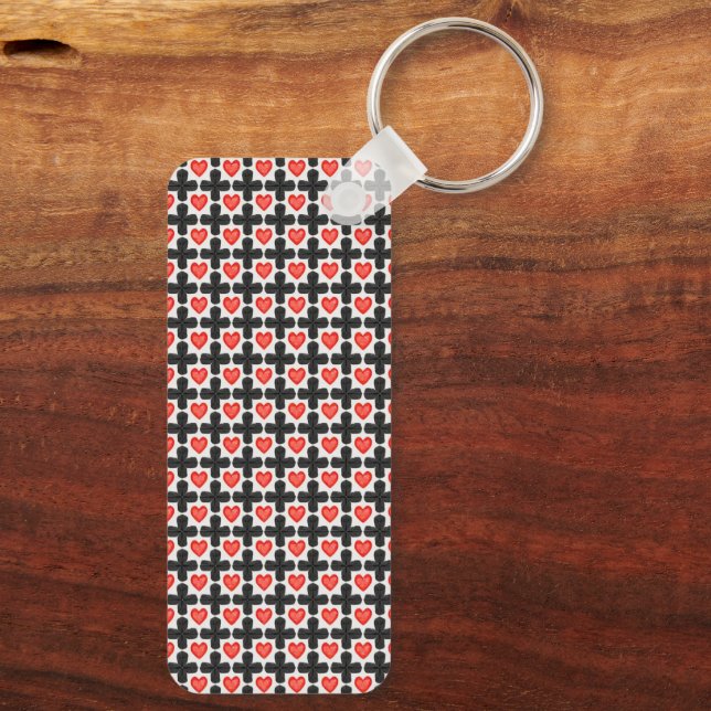 Cross Shaped Checkered Pattern with Red Hearts Keychain (Back)