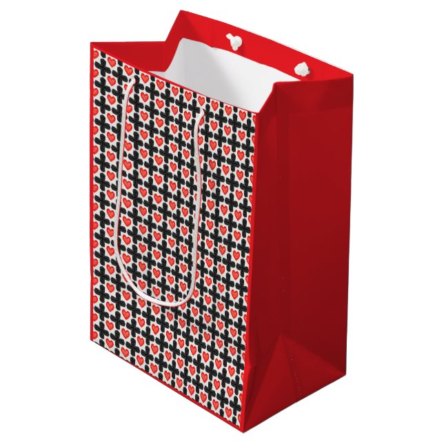 Cross Shaped Checkered Pattern with Red Hearts Medium Gift Bag (Front Angled)