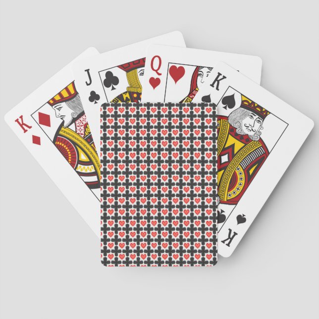 Cross Shaped Checkered Pattern with Red Hearts Poker Cards (Back)