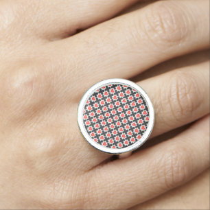 Cross Shaped Checkered Pattern with Red Hearts Ring