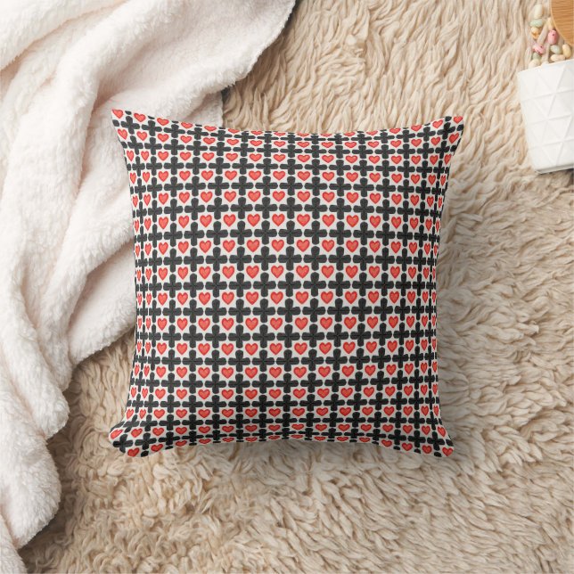Cross Shaped Checkered Pattern with Red Hearts Throw Pillow (Blanket)