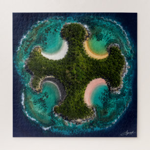 Cross-Shaped Island Multi-Colored Coves Satellite Jigsaw Puzzle