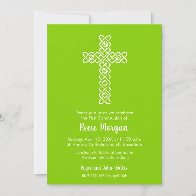 Cross | Spring Green Baptism Christening Invites (Front)