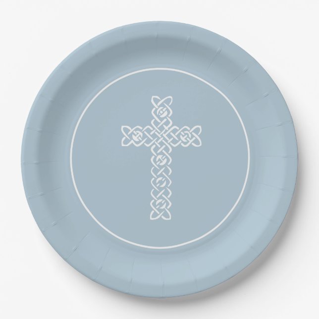 Cross | Steel Blue Communion Baptism Christening Paper Plates (Front)
