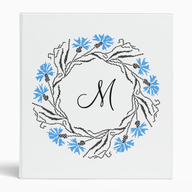 Cross-stitch Cornflower Circle  Monogram Initial 3 Ring Binder (Front)