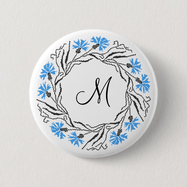 Cross-stitch Cornflower Circle  Monogram Initial Button (Front)