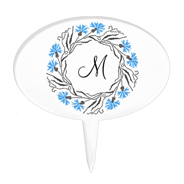 Cross-stitch Cornflower Circle  Monogram Initial Cake Topper (Front)
