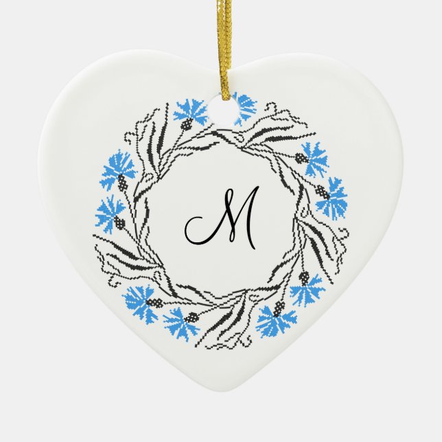 Cross-stitch Cornflower Circle  Monogram Initial Ceramic Ornament (Front)