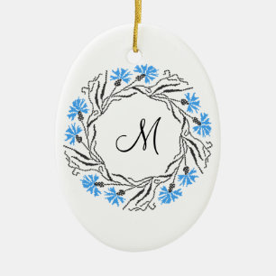 Cross-stitch Cornflower Circle Monogram Initial Ceramic Ornament