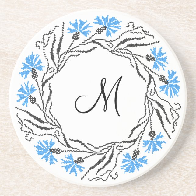 Cross-stitch Cornflower Circle  Monogram Initial Drink Coaster (Front)