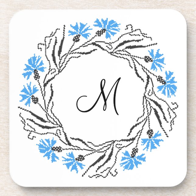 Cross-stitch Cornflower Circle  Monogram Initial Drink Coaster (Front)