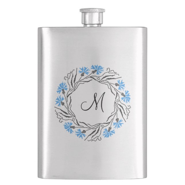 Cross-stitch Cornflower Circle  Monogram Initial Flask (Front)