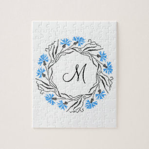 Cross-stitch Cornflower Circle  Monogram Initial Jigsaw Puzzle