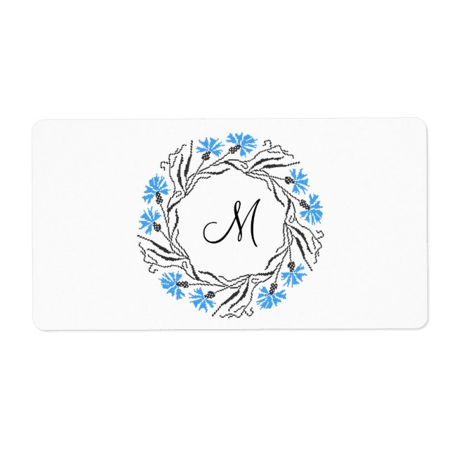 Cross-stitch Cornflower Circle  Monogram Initial Label (Front)
