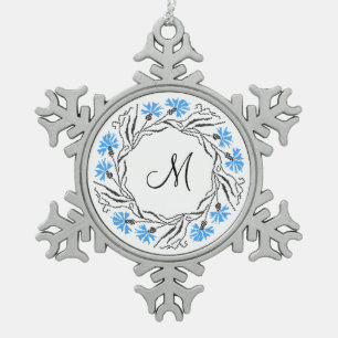 Cross-stitch Cornflower Circle Monogram Initial Snowflake Pewter Christmas Ornament